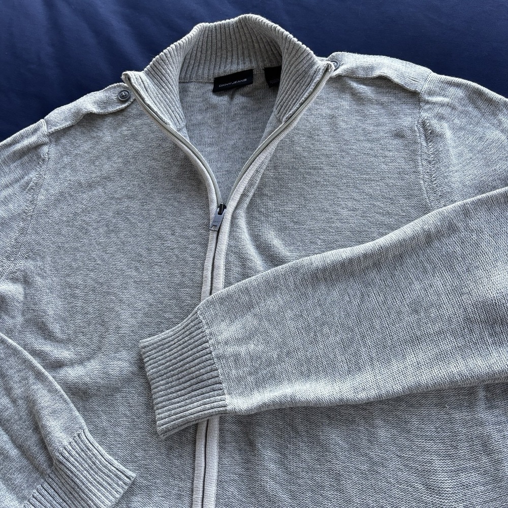 DKNY Jeans Men's XL Full Zip Sweater Jacket Gray Cotton Ribbed Knit Casual